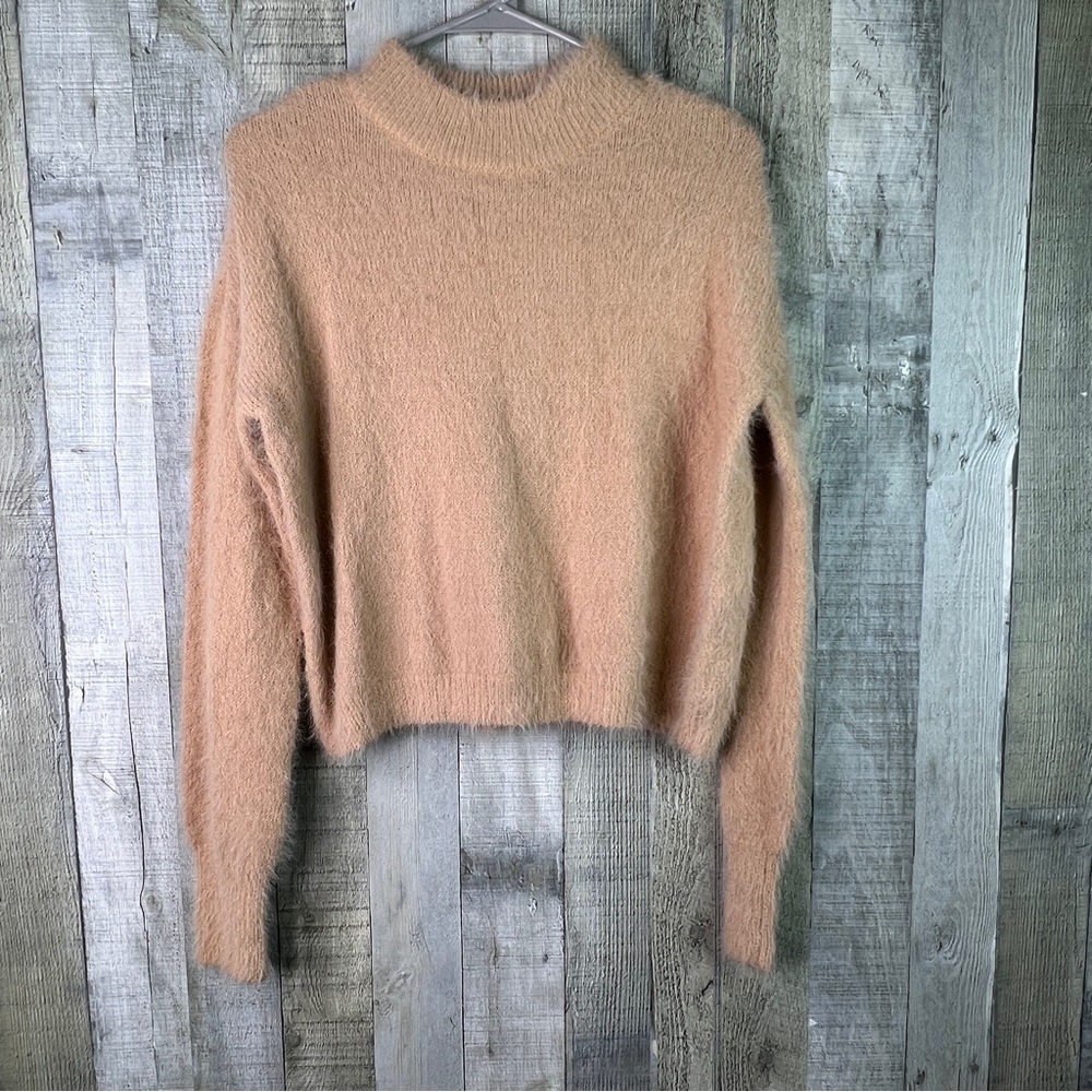 Sun + Moon Small Mock Neck Fuzzy Tan Long Sleeve Cropped Sweater